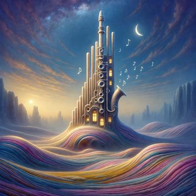 The primary subject of the image is a large, colorful tower with a pipe organ. The tower is situated in a surreal, ocean-like setting, with a sky background. The visual style of the image is a combination of digital art and illustration, creating a unique and imaginative scene. The dominant colors in the image are a mix of blue, purple, and pink, giving the scene a dreamy and whimsical atmosphere.